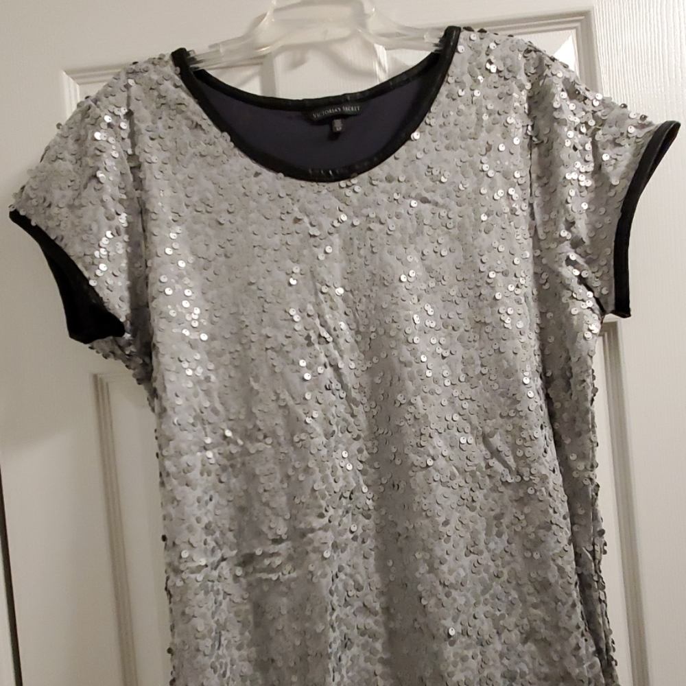 Matte Sequin Dress with Vegan Leather Trim - NWOT